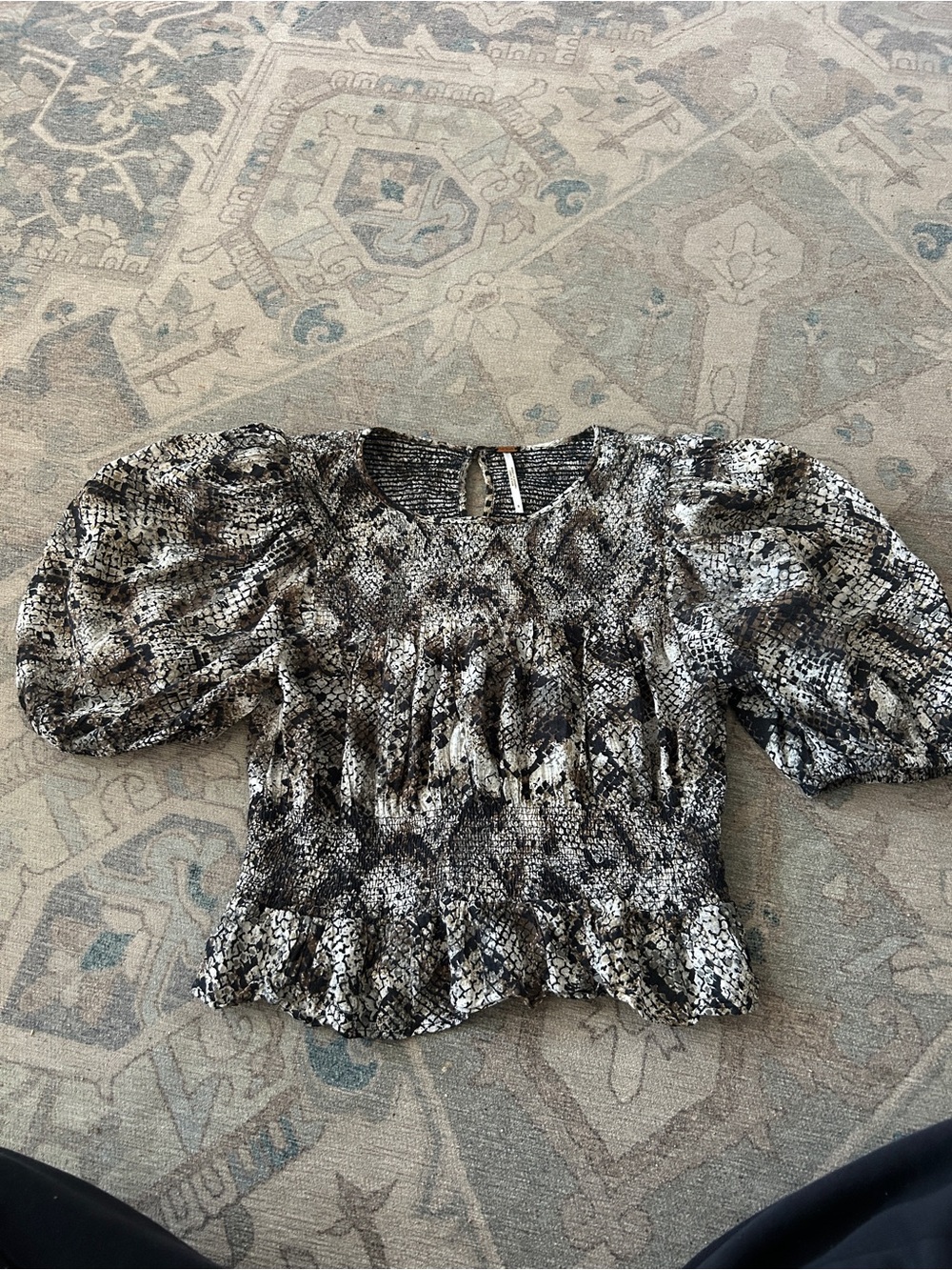 Free People Smocked Puff Sleeve Snake Print Top - Black & Cream